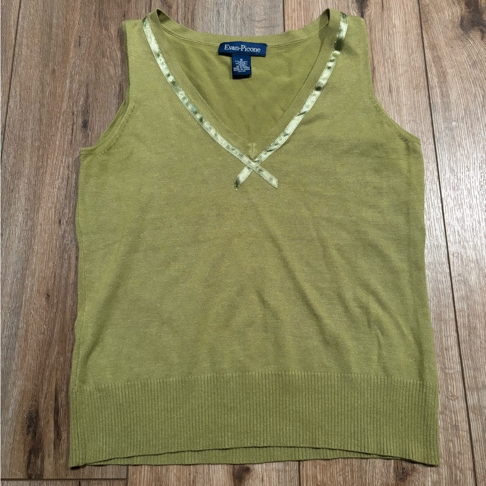 Vintage Evan Picone Green Satin Ribbon Vest Sweater Top